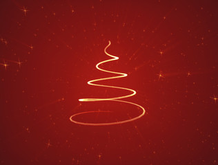 Red Holiday Background. Golden glowing Christmas Tree surrounded by shooting stars.