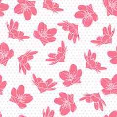 Bright pink cherry sakura flowers seamless pattern. Tree bloom blossom. Polka dot background. Vector design illustration for textile, fabric, wrapping, packaging, decoration.