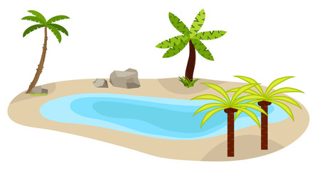 Fototapeta na wymiar Lake with palm trees, a lake icon, an oasis in the desert, palm trees.