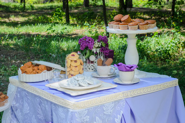 Outdoors there is a table decorated with purple tablecloths and flowers to Seregno. On the table, dishes in the style of Provence and a variety of sweets