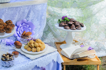 Outdoors there is a table decorated with purple tablecloths and flowers to Seregno. On the table, dishes in the style of Provence and a variety of sweets