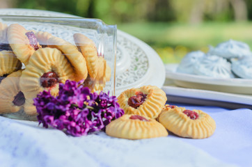 Outdoors there is a table decorated with purple tablecloths and flowers to Seregno. On the table, dishes in the style of Provence and a variety of sweets