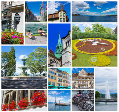 The collage from images of Geneva, Switzerland