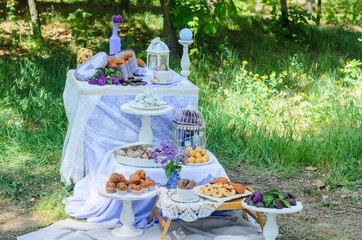 the tables with the desserts . decorated plates of cookies , biscuits. A wedding Banquet . Extra pounds and calories . Sweets of various kinds
