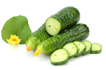 cucumber with sliced cucumber and leaf isolated on white background