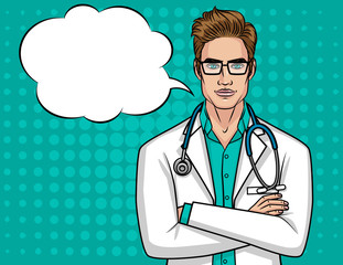 Vector portrait of a young doctor with glasses. A male doctor with a stethoscope holds his hands on his chest. A man in a medical robe over the halftone background