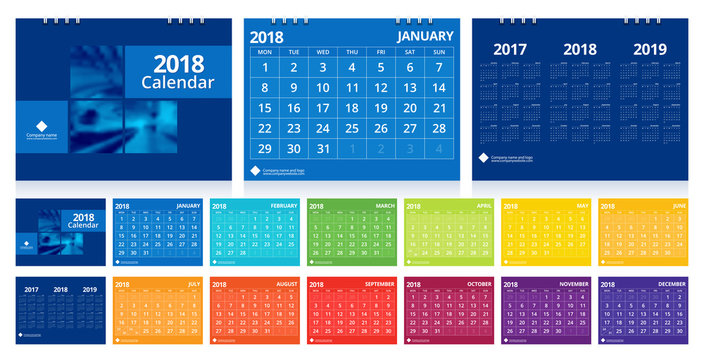 Calendar 2018 template set 12 months,  front cover and back cover. Desk calendar corporate design layout template vector week start on Monday. EPS-10 sample image with Gradient Mesh.