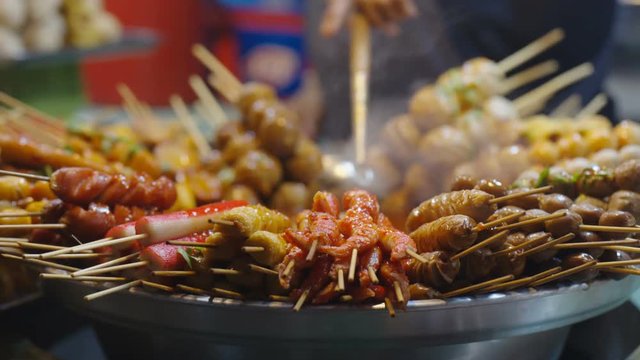 Asian street food grilled seafood and sausages