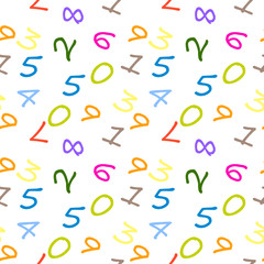 Mathematics background - different numbers in random pattern. Colorful school pattern for children. Multicolor math background for kids. Seamless abstract vector pattern