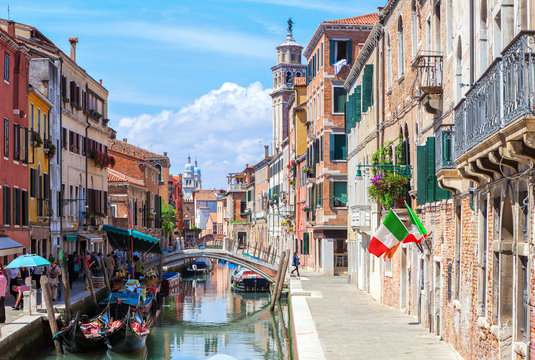 View  of colorful canal in Venice at  sunny  morning, Italy.