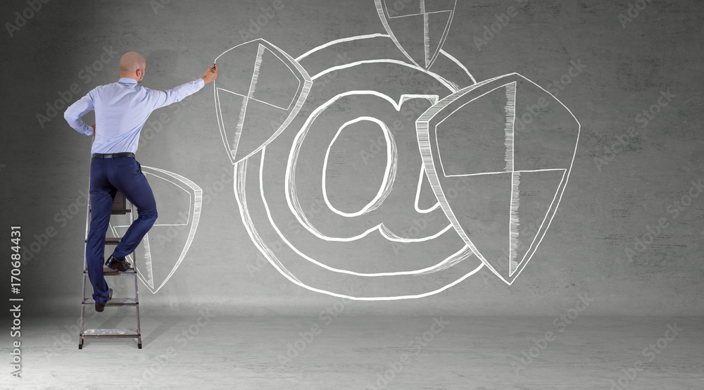 Aufkleber Businessman drawing internet security interface sketch on a wall 3D rendering