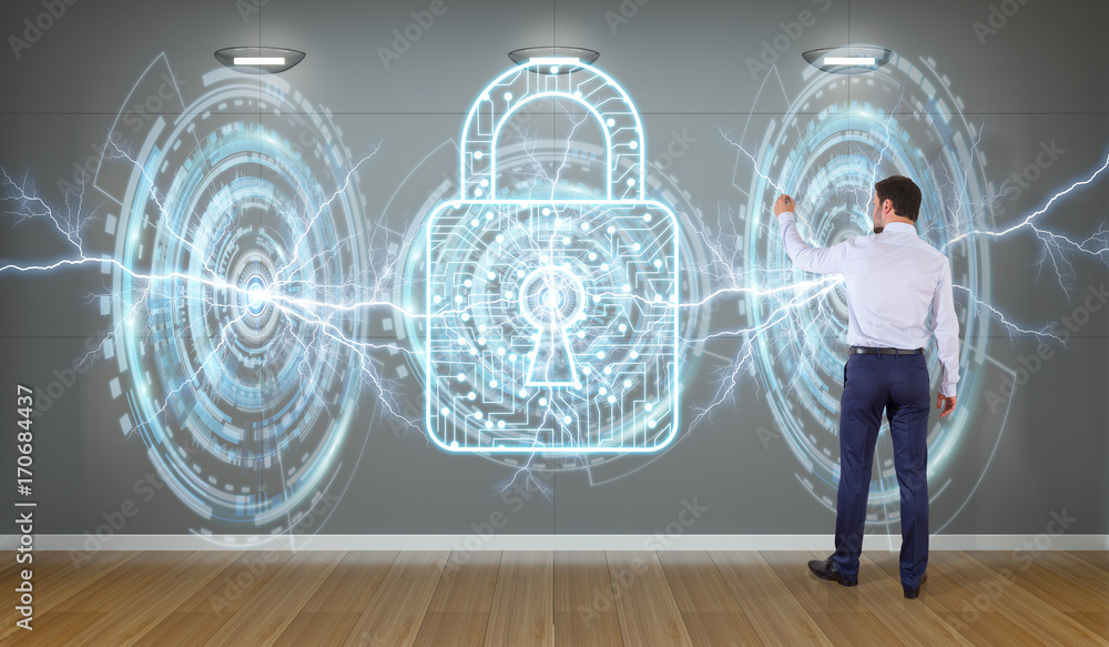 Aufkleber businessman using antivirus interface on a wall 3d rendering