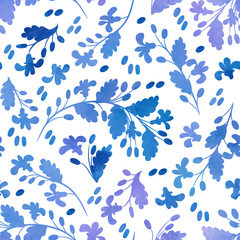 Watercolor flowers - seamless vector pattern. Grunge texture. Blue and white colors. Print for your textiles.