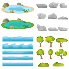 Lake, a set of stones, trees, a set of seascapes, a wave