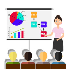 A female businessman holds a seminar with a pointer.