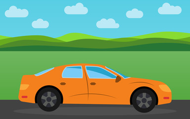 Fototapeta na wymiar Orange sports car in the background of nature landscape in the daytime. Vector illustration. 