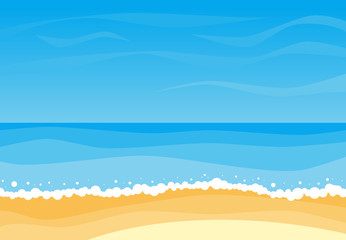 Vector landscape with summer beach. Waves of the sandy beach, blue sky and sea. Landscape vector illustration.
