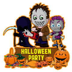 Halloween poster design with vector killer with mask, zombie, dark reaper character