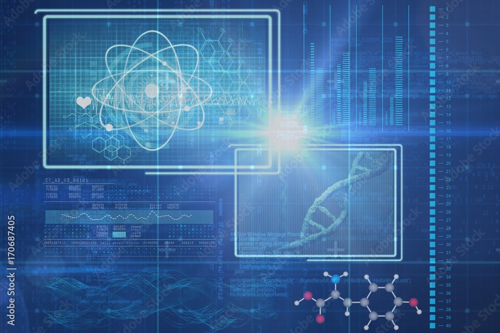 Poster composite image of atom and dna helix interface