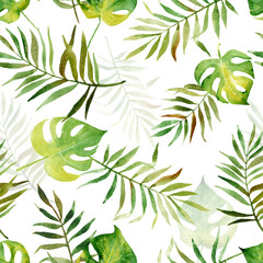 Seamless pattern with watercolor tropical leaves.