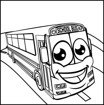 School Bus Cartoon Character Mascot Scene
