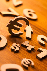 Set of numbers and currency symbols