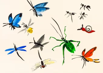 Stof per meter Vlinders veel insecten met de hand geschilderd op crèmekleurig papier