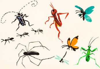many insects hand painted on cream colored paper