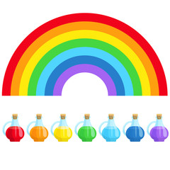 The rainbow and seven bottles with paint / The rainbow is in its classic shape. Below the rainbow there are seven bottles with paint in them. Education material for kids

