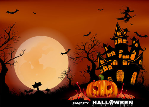 Halloween pumpkin and the moon Vector Design on Black and Orange stripe background, Happy Halloween text of Blood