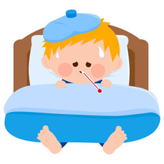 A sick child in bed, using a thermometer and a cool compress. Vector illustration
