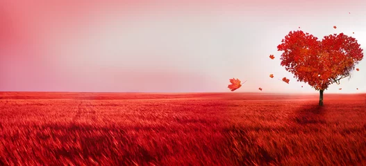 Papier Peint photo Arbres Arbre d& 39 amour. Arbre en forme de coeur rouge au coucher du soleil. Beau paysage avec arbre rouge et feuilles tombantes. Fond d& 39 amour