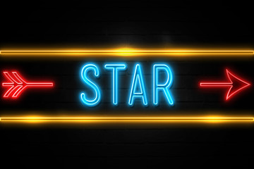 Star  - fluorescent Neon Sign on brickwall Front view