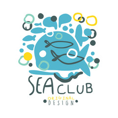 Sea club logo original design, summer travel and sport hand drawn colorful vector Illustration