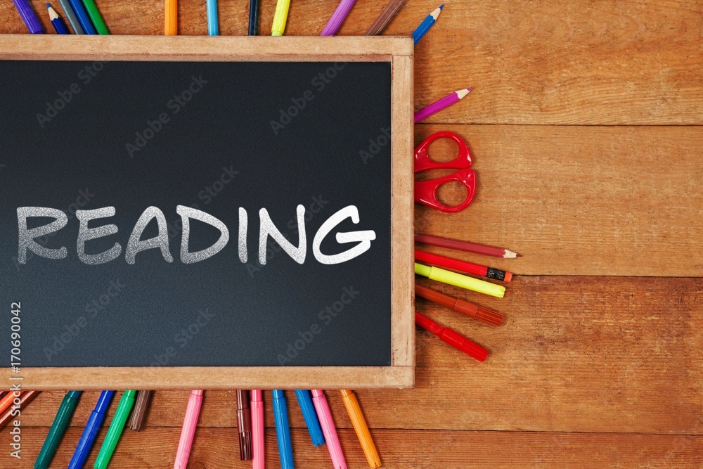 Poster composite image of reading text against white background