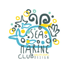 Sea marine club original logo design, summer travel and sport hand drawn colorful vector Illustration