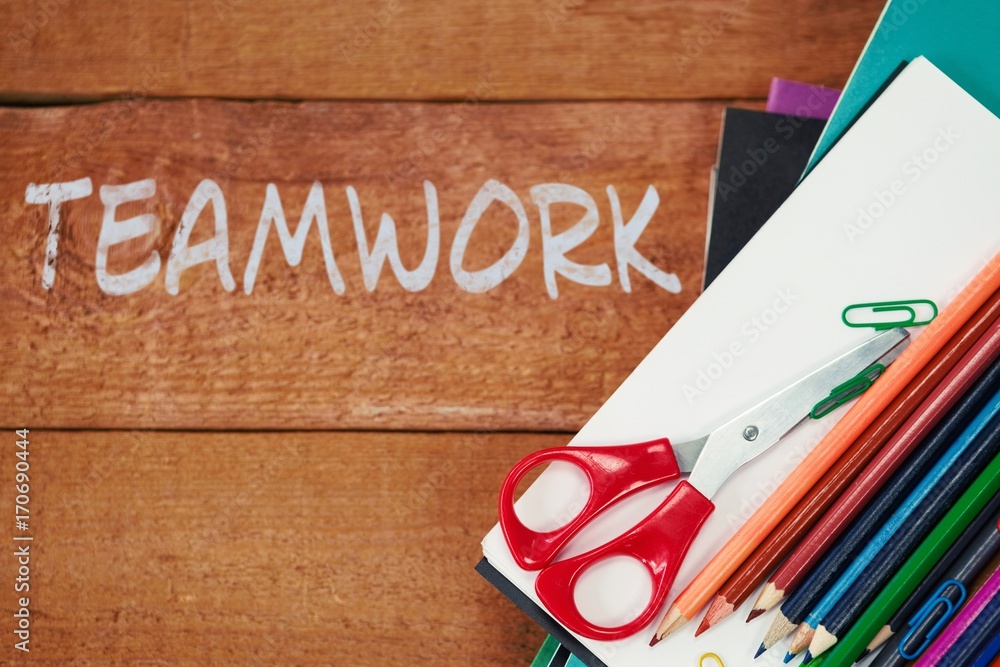 Aufkleber composite image of teamwork text on white background