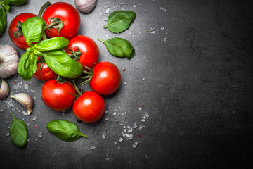 Fresh tomatoes on black slate background.