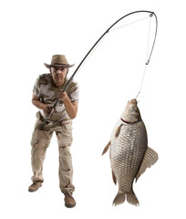 Naklejka premium Fisherman with big fish. Crucian carp (Carassius auratus gibelio)