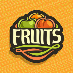 Vector logo for set fresh Fruits: juicy orange, green apple, sweet peach, decorative fruit mix label, sign with original typography font for text fruits on yellow geometric background for grocery shop