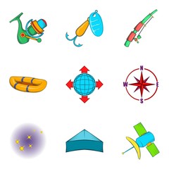 Right of fishing icons set, cartoon style