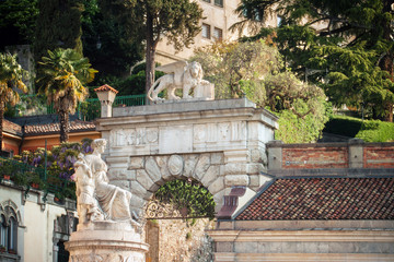 Fototapeta na wymiar beautiful view of a historic statues in italy, symbol of ancient republic of venice and other sculptures (landmark in the main city of friuli-venezia giulia)