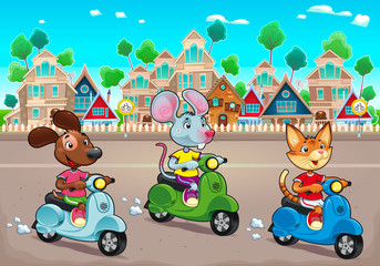 Funny pets are riding scooters in the town