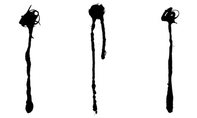 Set of three black ink smudges isolated on white background. Graffiti effects -  stains flow down. Vector illustration