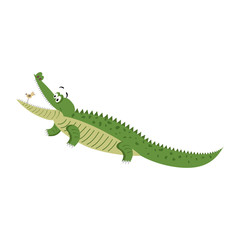 Cartoon Crocodile with Bird in Wide Open Mouth
