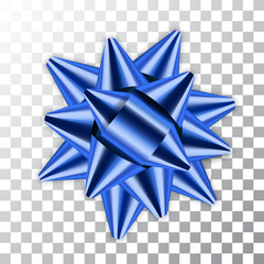 Blue bow ribbon decor element package Shiny color satin decoration gift present isolated white transparent background. Christmas New Year celebration, birthday holiday design Vector illustration