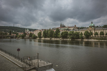Vintage photo of Prague, Embankment of the Vltava River, Czech Republic