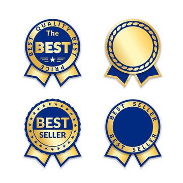 Ribbon awards best seller label set. Gold ribbon award icons isolated white background. Best quality golden design for badge, medal, best price, certificate guarantee product Vector illustration