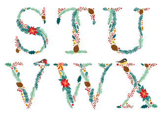 Cute vintage hand drawn rustic floral Christmas alphabet