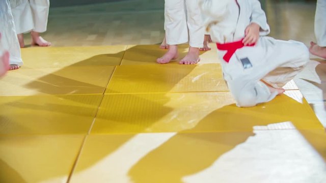 Kids are performing some basic judo moves when they are having judo practise after school. They are having a warm up.